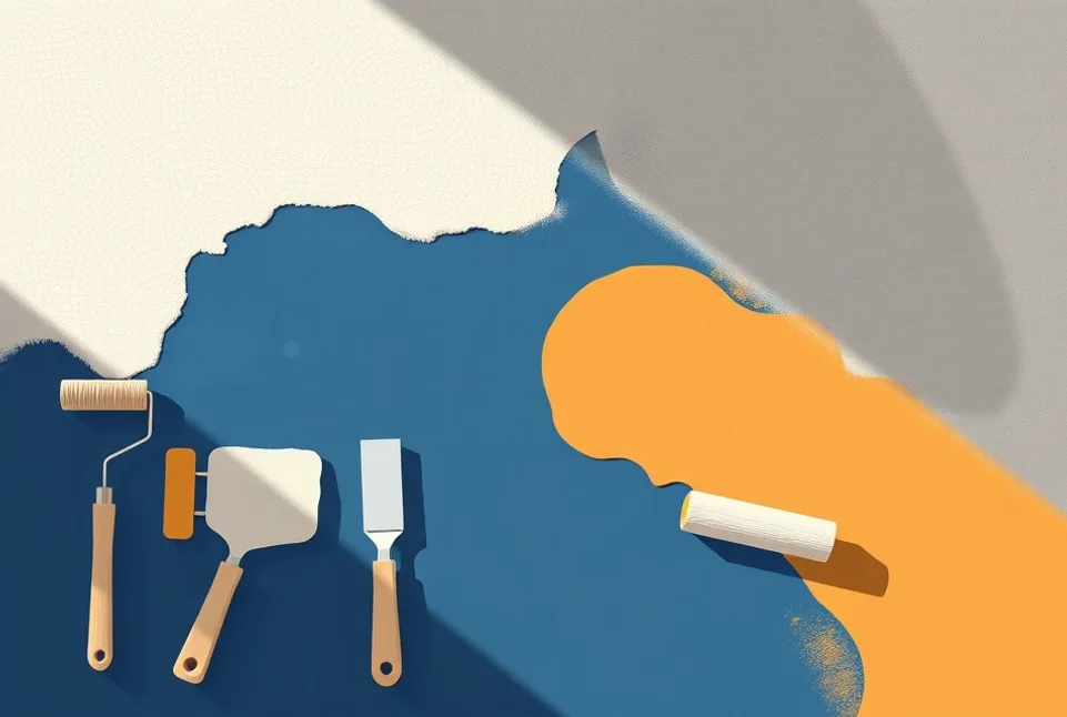 Outils de peinture disposés dans l'ordre des étapes du chantier