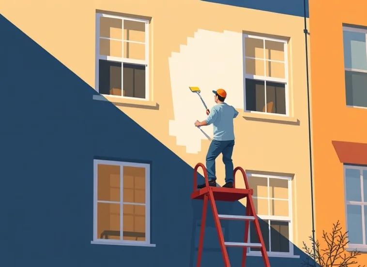 Peintre sur échafaudage traitant la façade d'une maison
