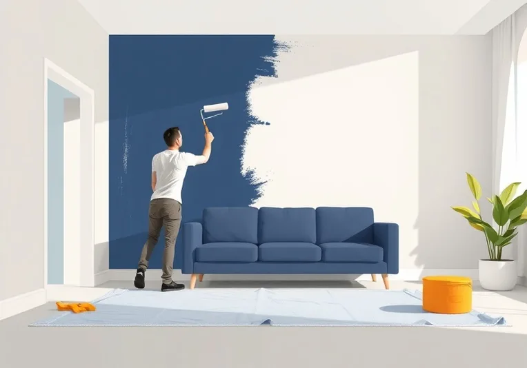 Peintre appliquant la peinture au rouleau sur un mur de salon